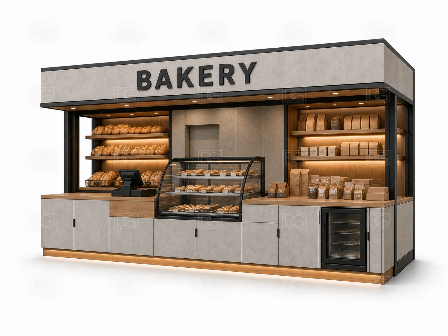 Professional Bakery Kiosk Design - Concrete Grey & Oak Booth with Four-Sided Pastry Display - view 03