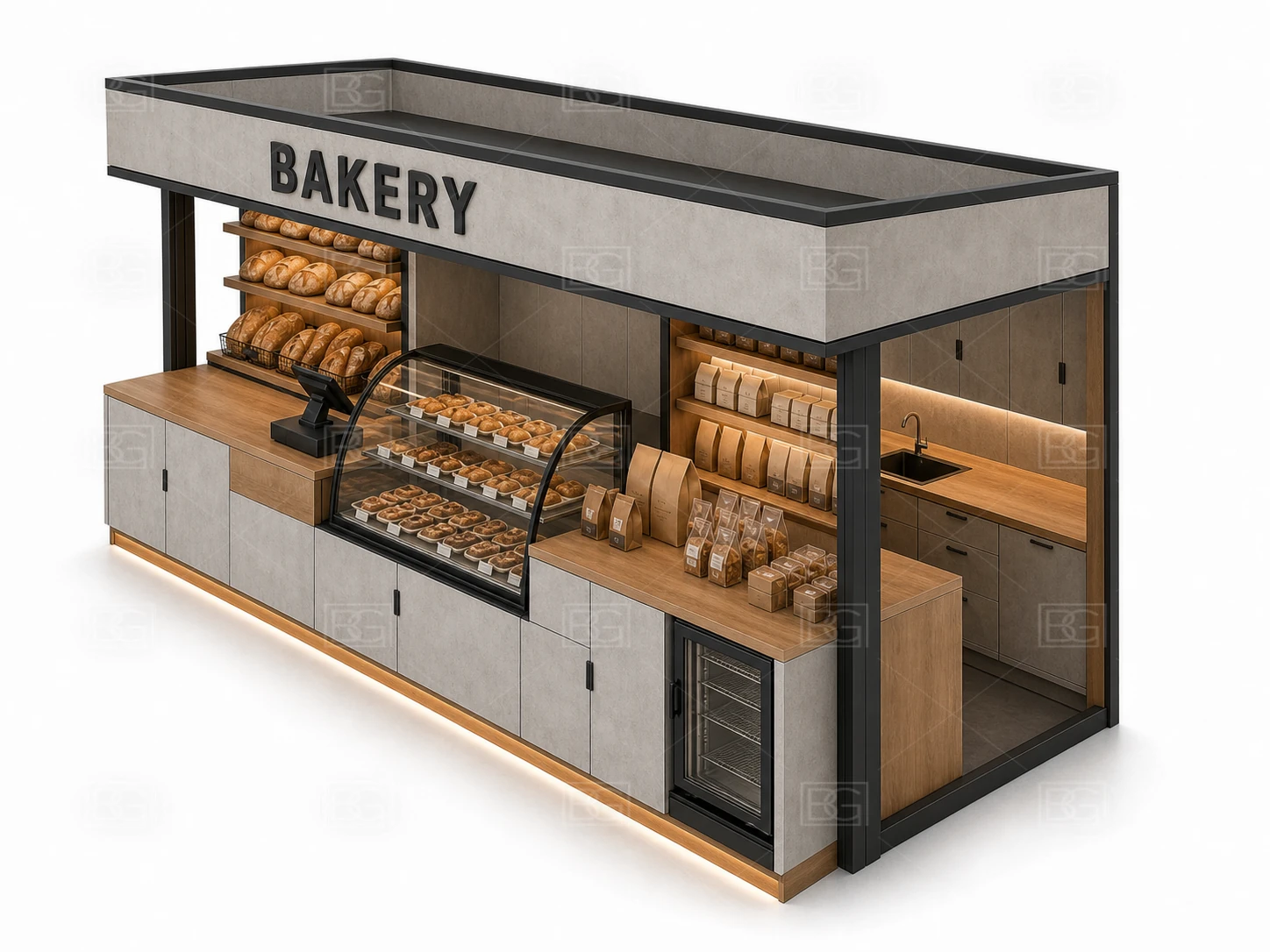 Professional Bakery Kiosk Design - Concrete Grey & Oak Booth with Four-Sided Pastry Display - view 04