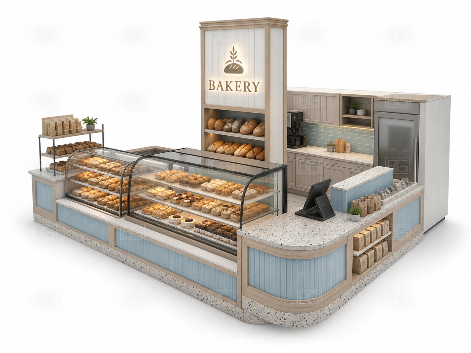 Professional Bakery Kiosk Design - Soft Blue Coastal Booth with Crescent Glass Display - view 01