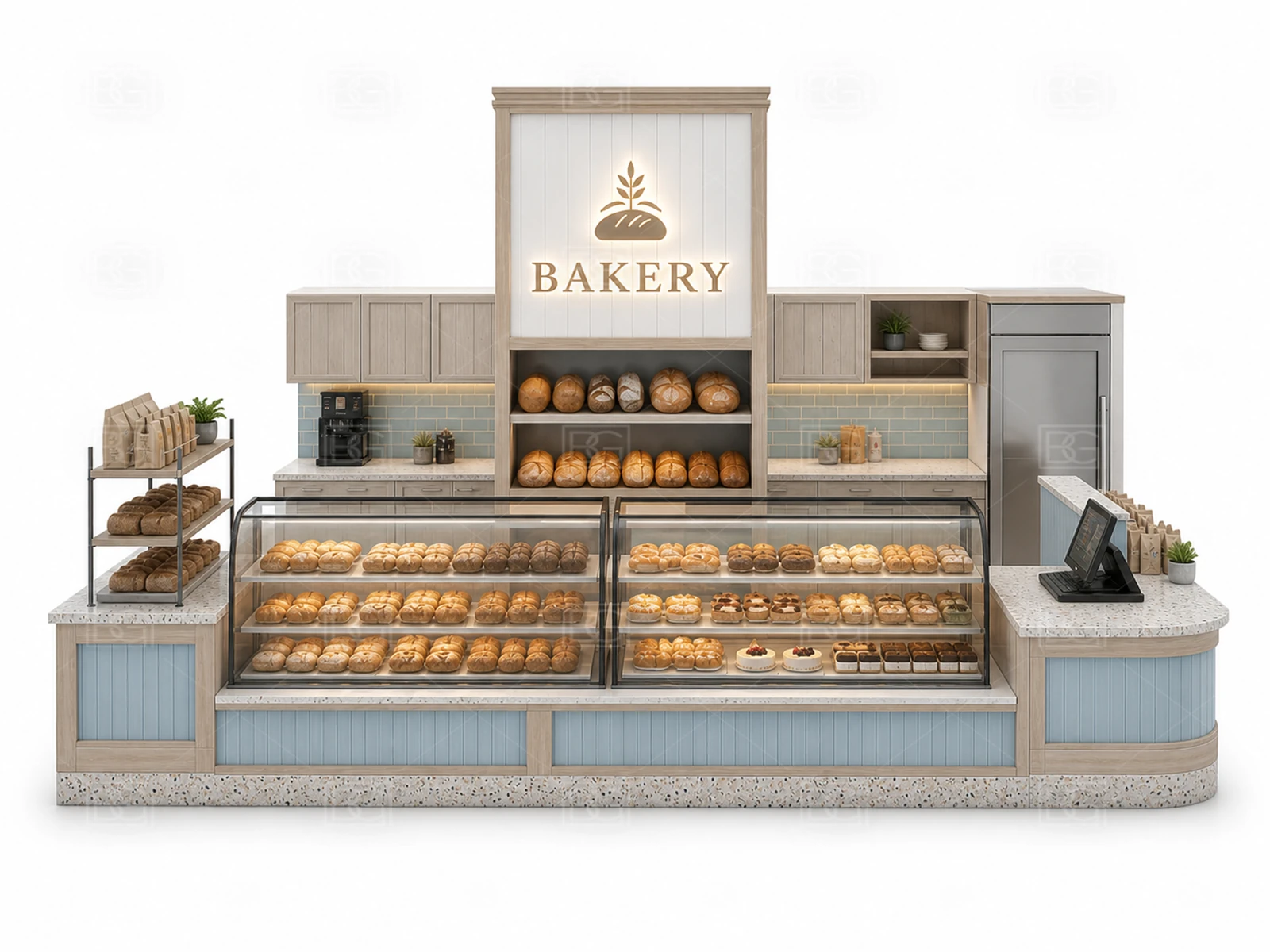 Professional Bakery Kiosk Design - Soft Blue Coastal Booth with Crescent Glass Display - view 02