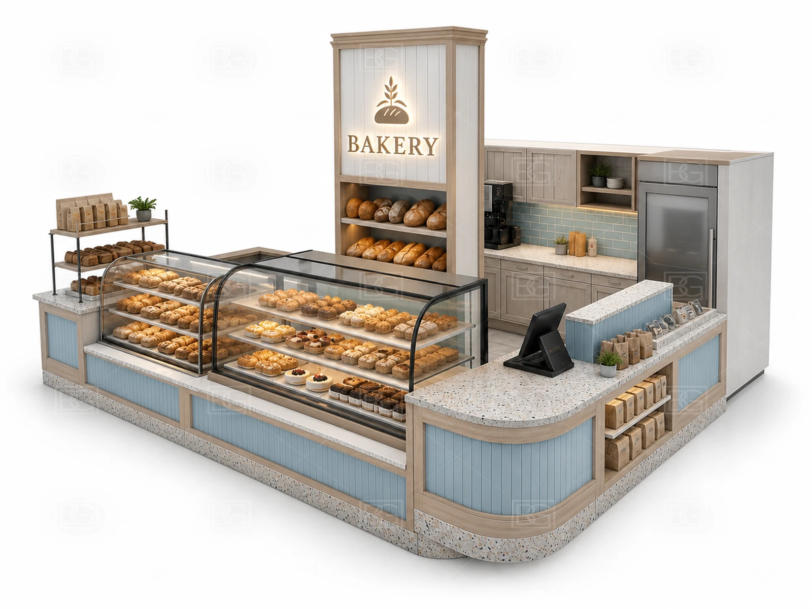 Professional Bakery Kiosk Design - Soft Blue Coastal Booth with Crescent Glass Display - view 03