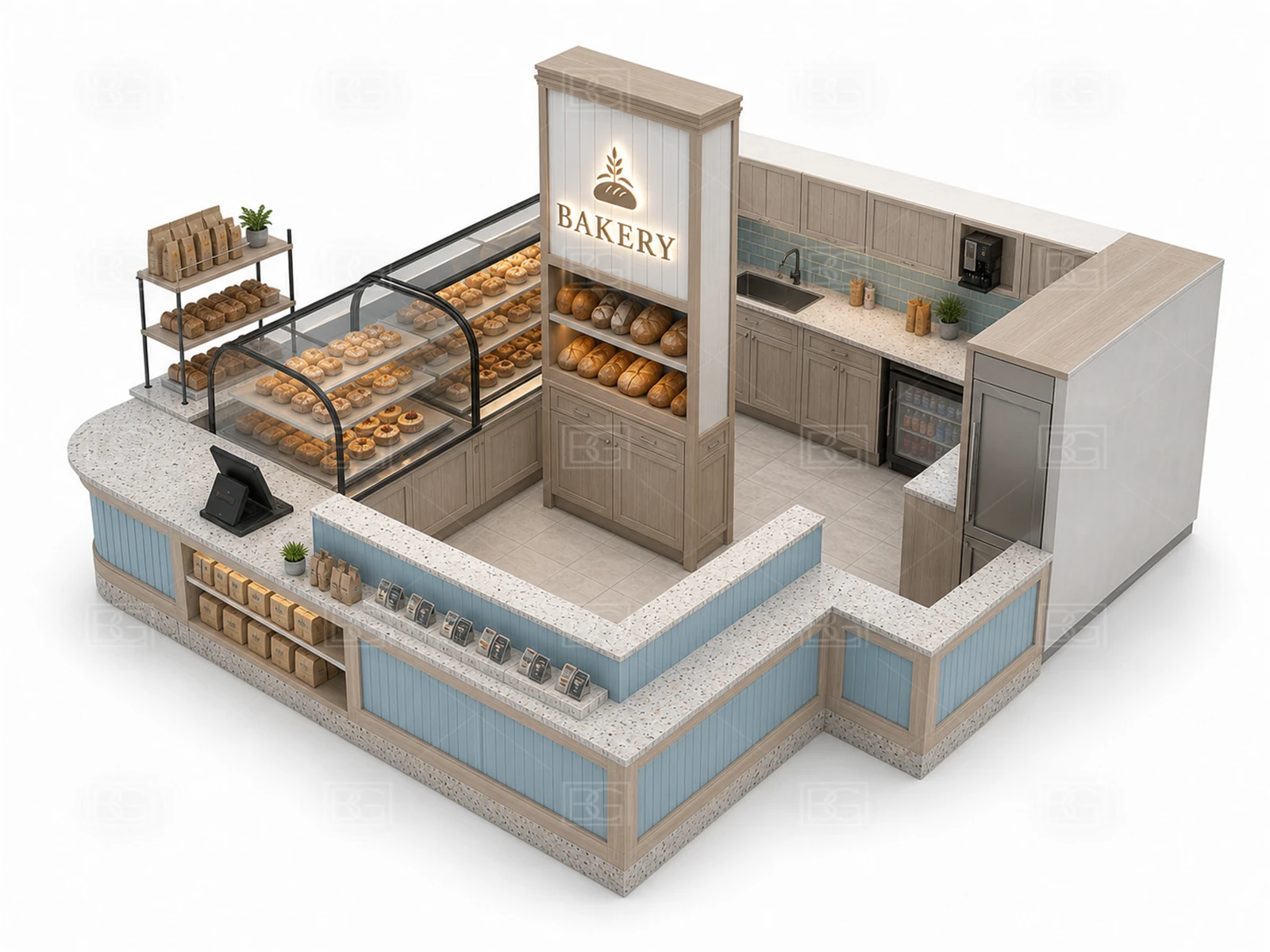 Professional Bakery Kiosk Design - Soft Blue Coastal Booth with Crescent Glass Display - view 04