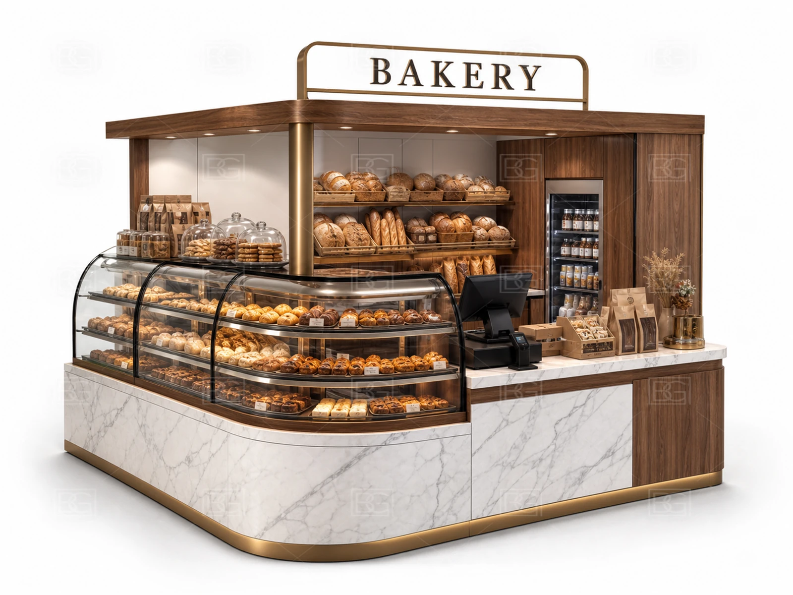 Professional Bakery Kiosk Design - White Marble & Bronze Booth with Dual-Side Ordering & Pickup - view 01