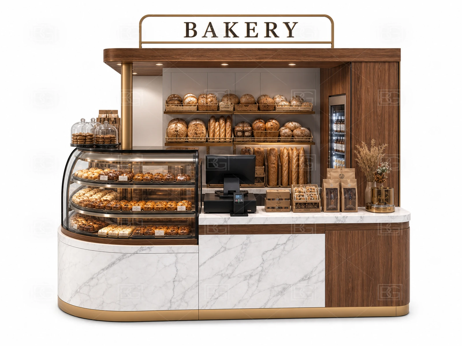 Professional Bakery Kiosk Design - White Marble & Bronze Booth with Dual-Side Ordering & Pickup - view 02