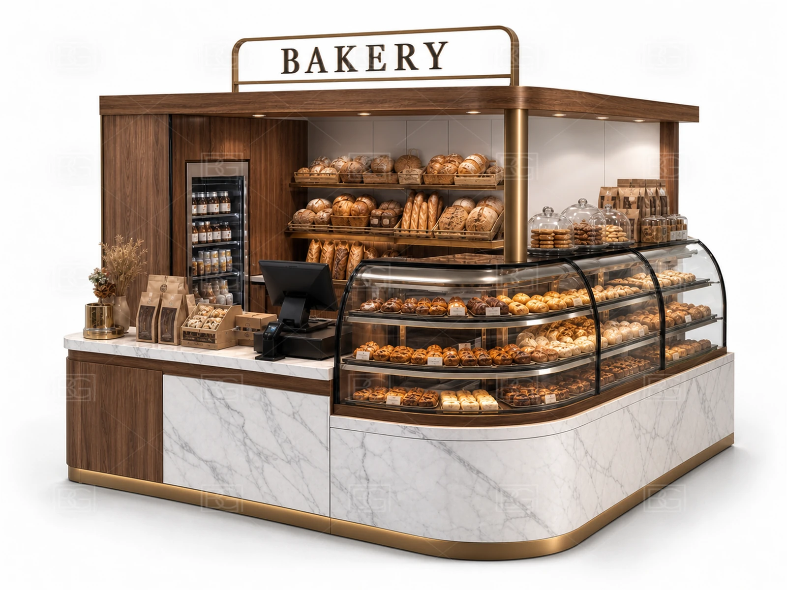 Professional Bakery Kiosk Design - White Marble & Bronze Booth with Dual-Side Ordering & Pickup - view 03