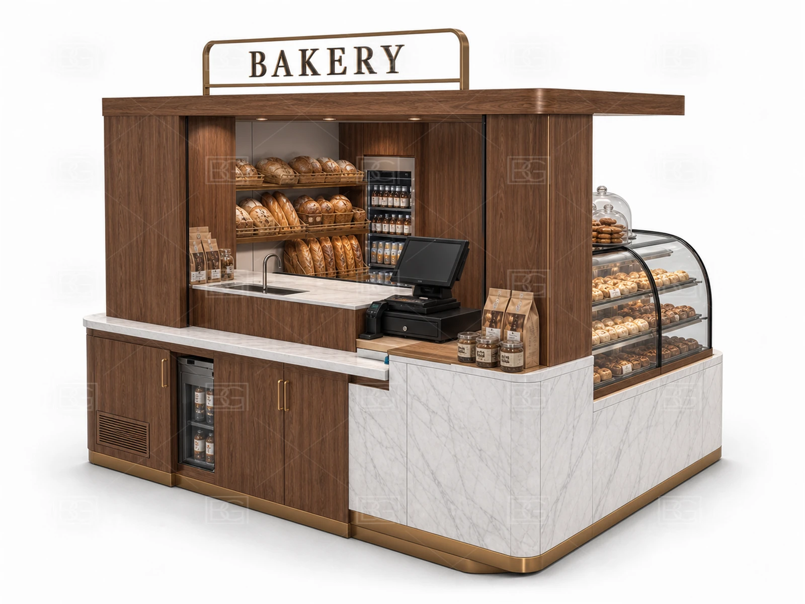 Professional Bakery Kiosk Design - White Marble & Bronze Booth with Dual-Side Ordering & Pickup - view 04