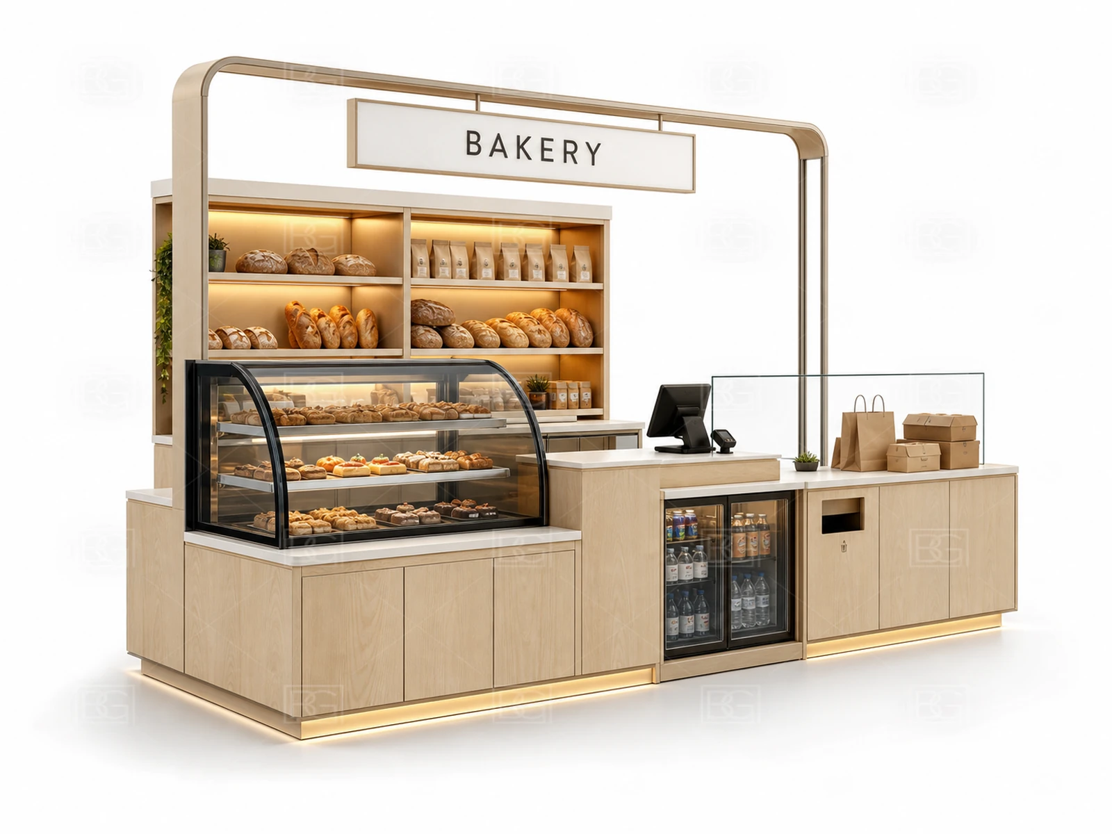 Scandinavian Birch Bakery Kiosk Design with Curved Glass Pastry Display - view 01