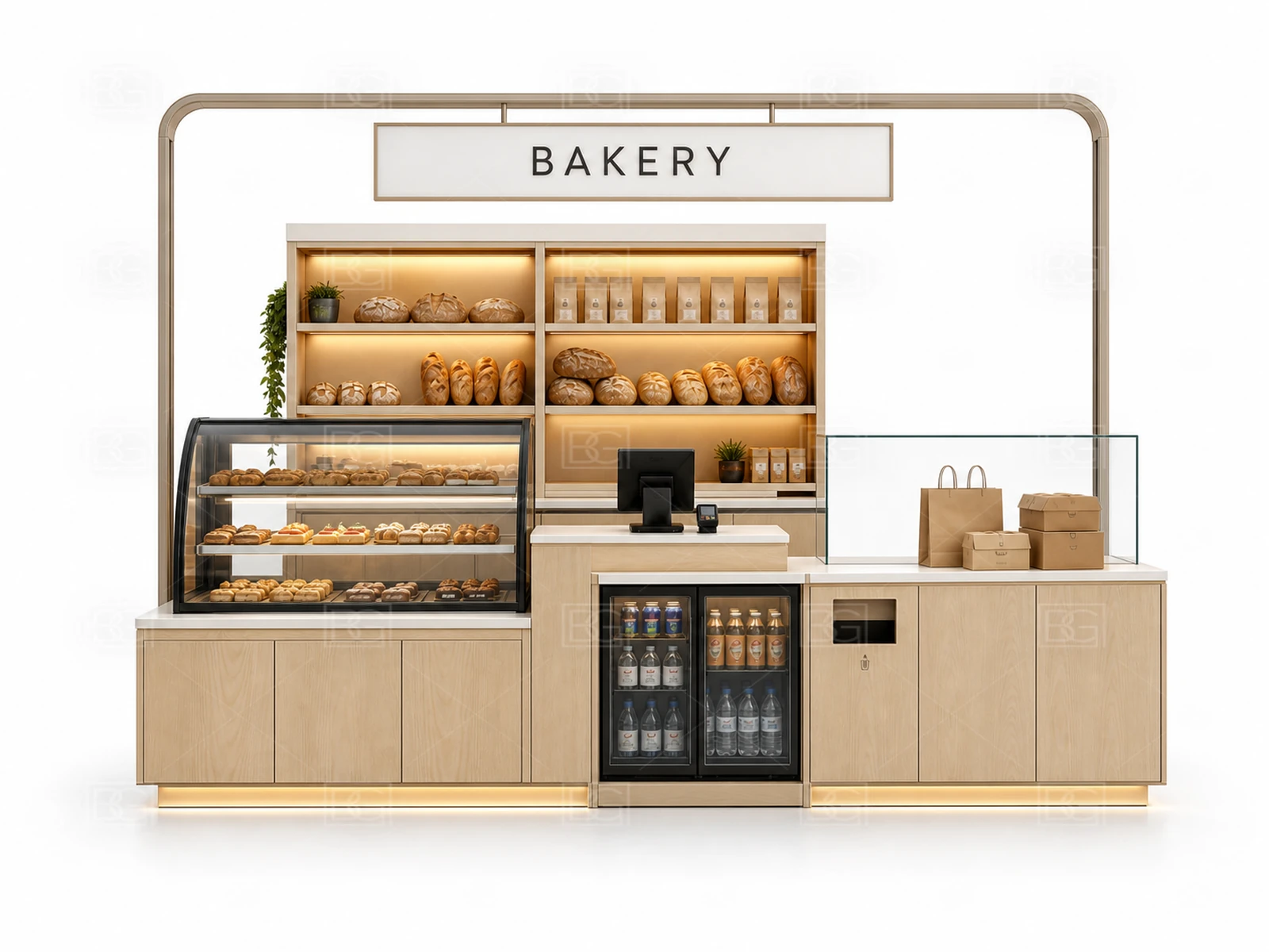 Scandinavian Birch Bakery Kiosk Design with Curved Glass Pastry Display - view 02