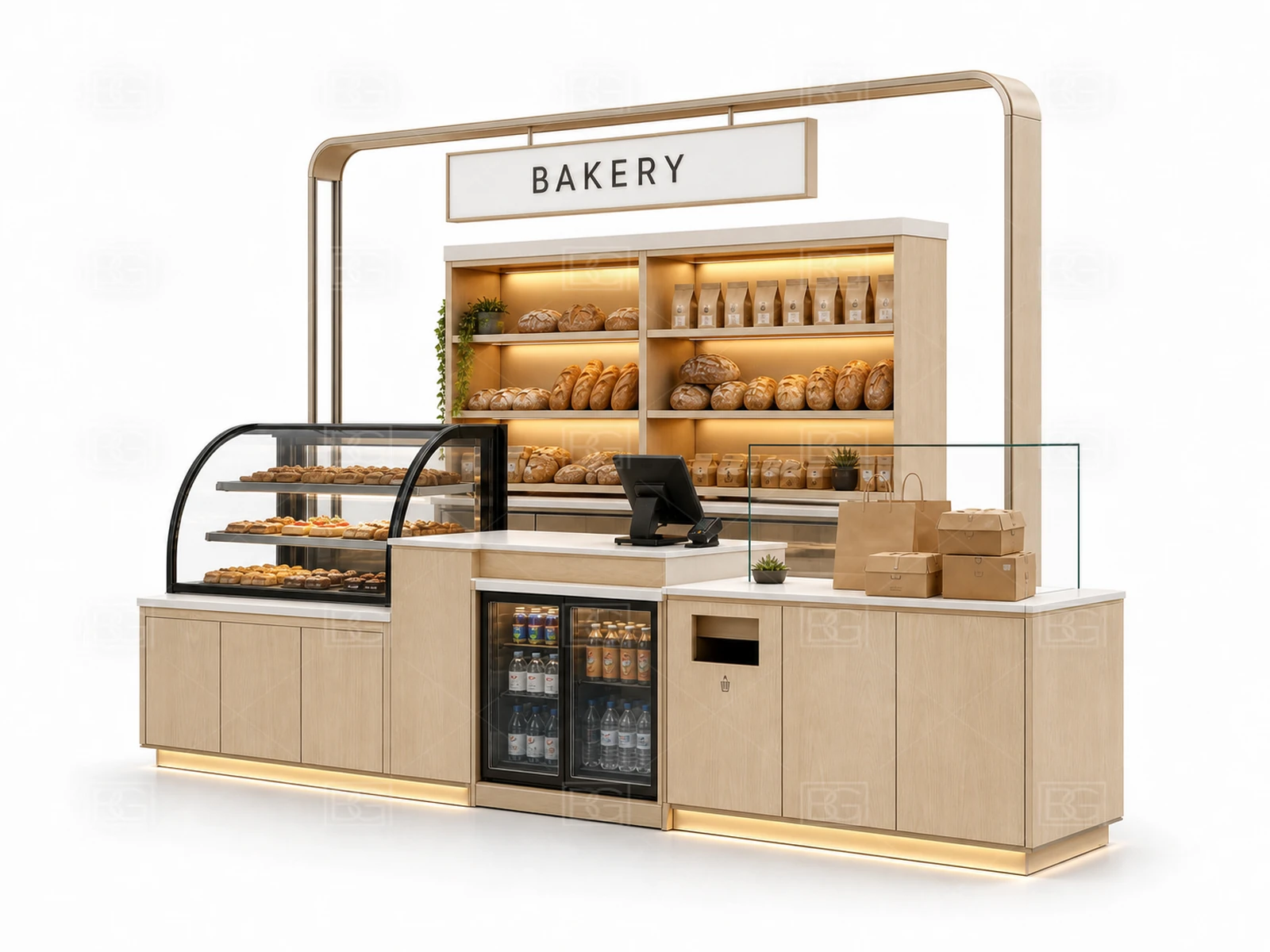 Scandinavian Birch Bakery Kiosk Design with Curved Glass Pastry Display - view 03