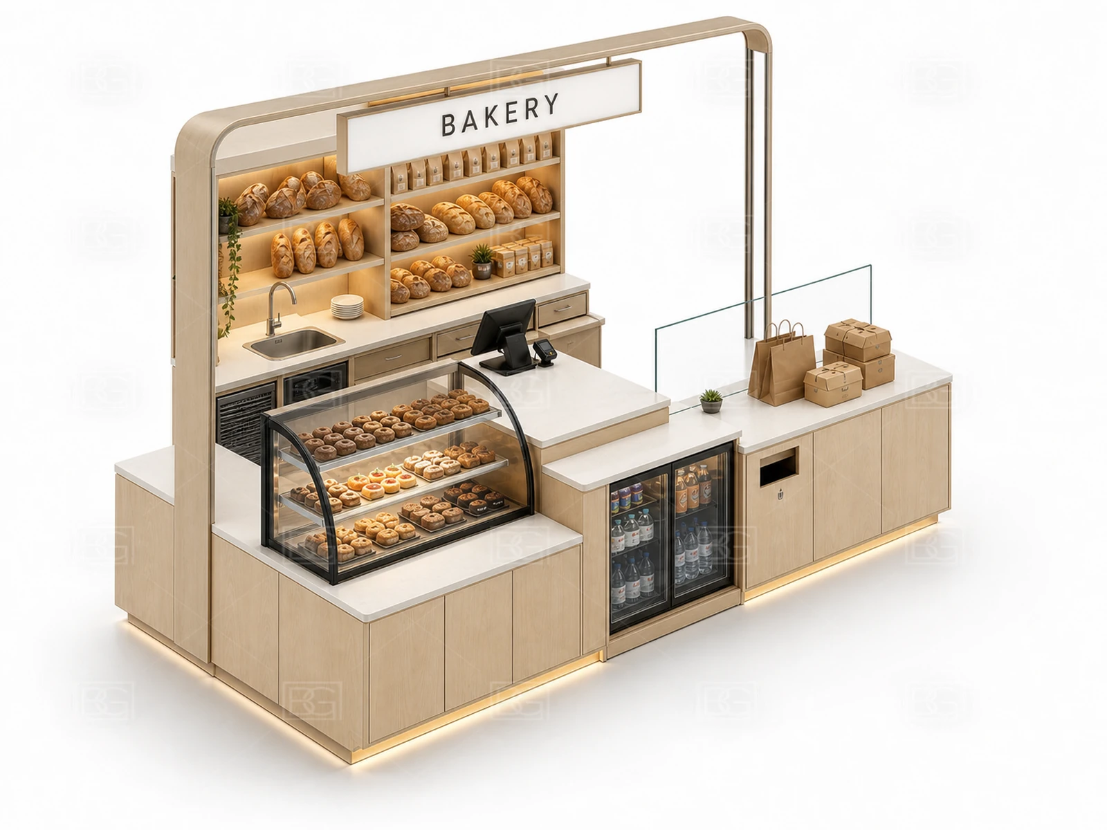 Scandinavian Birch Bakery Kiosk Design with Curved Glass Pastry Display - view 04