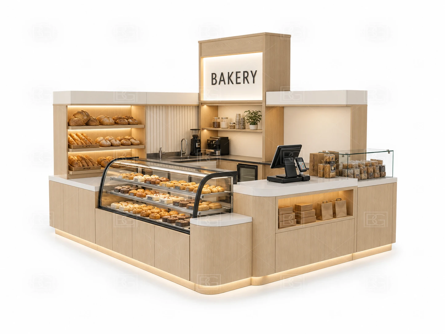 Scandinavian Birch Bakery Kiosk with Wraparound Bread Display Counter at Factory Price - view 01