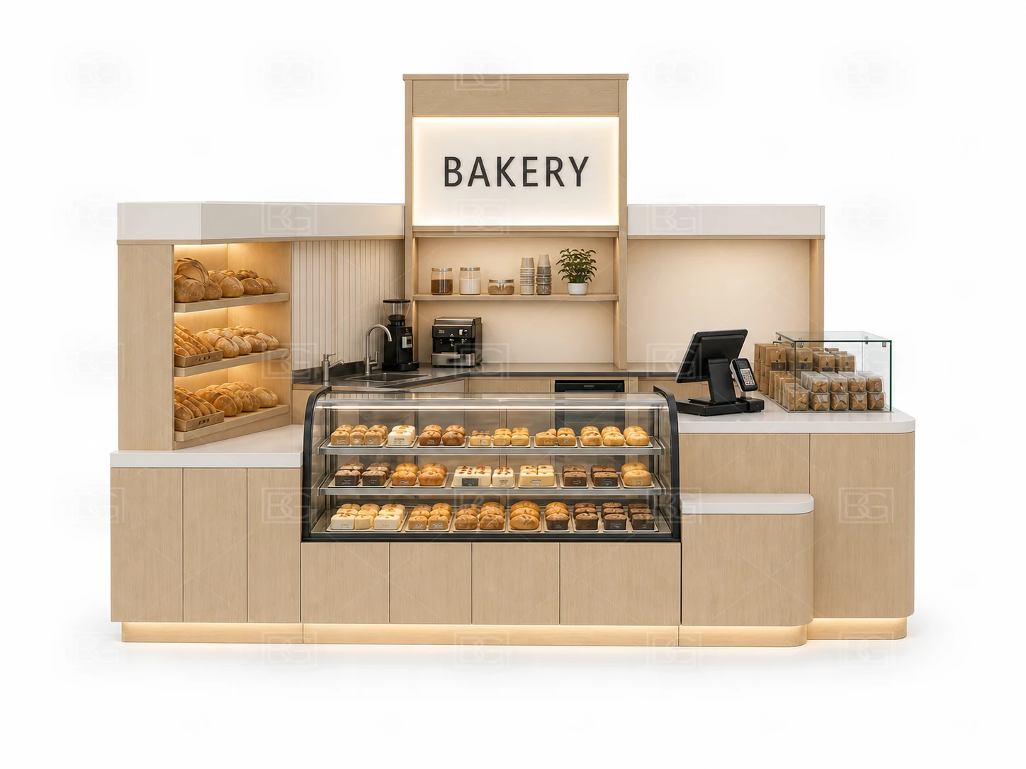 Scandinavian Birch Bakery Kiosk with Wraparound Bread Display Counter at Factory Price - view 02