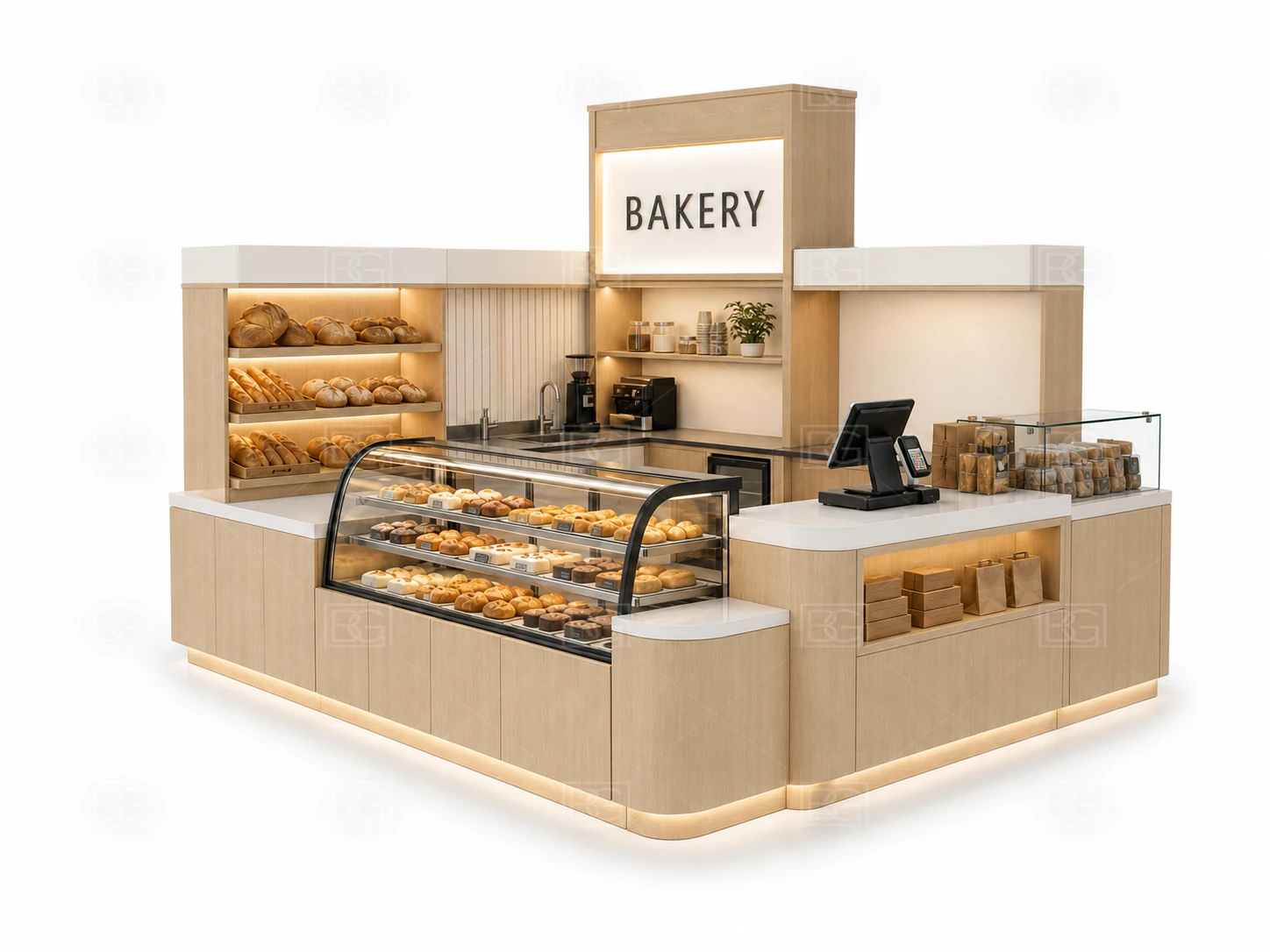 Scandinavian Birch Bakery Kiosk with Wraparound Bread Display Counter at Factory Price - view 03