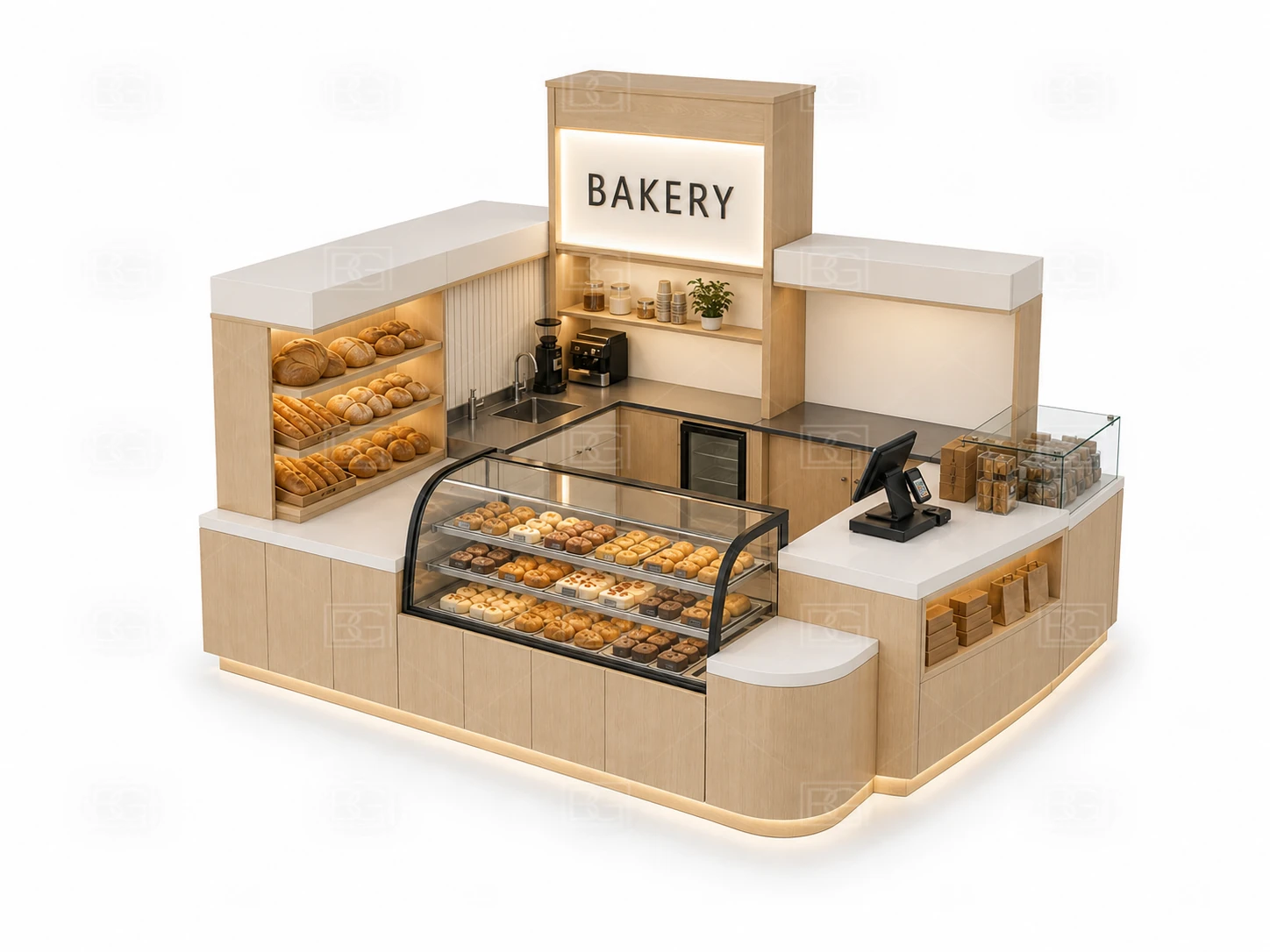 Scandinavian Birch Bakery Kiosk with Wraparound Bread Display Counter at Factory Price - view 04