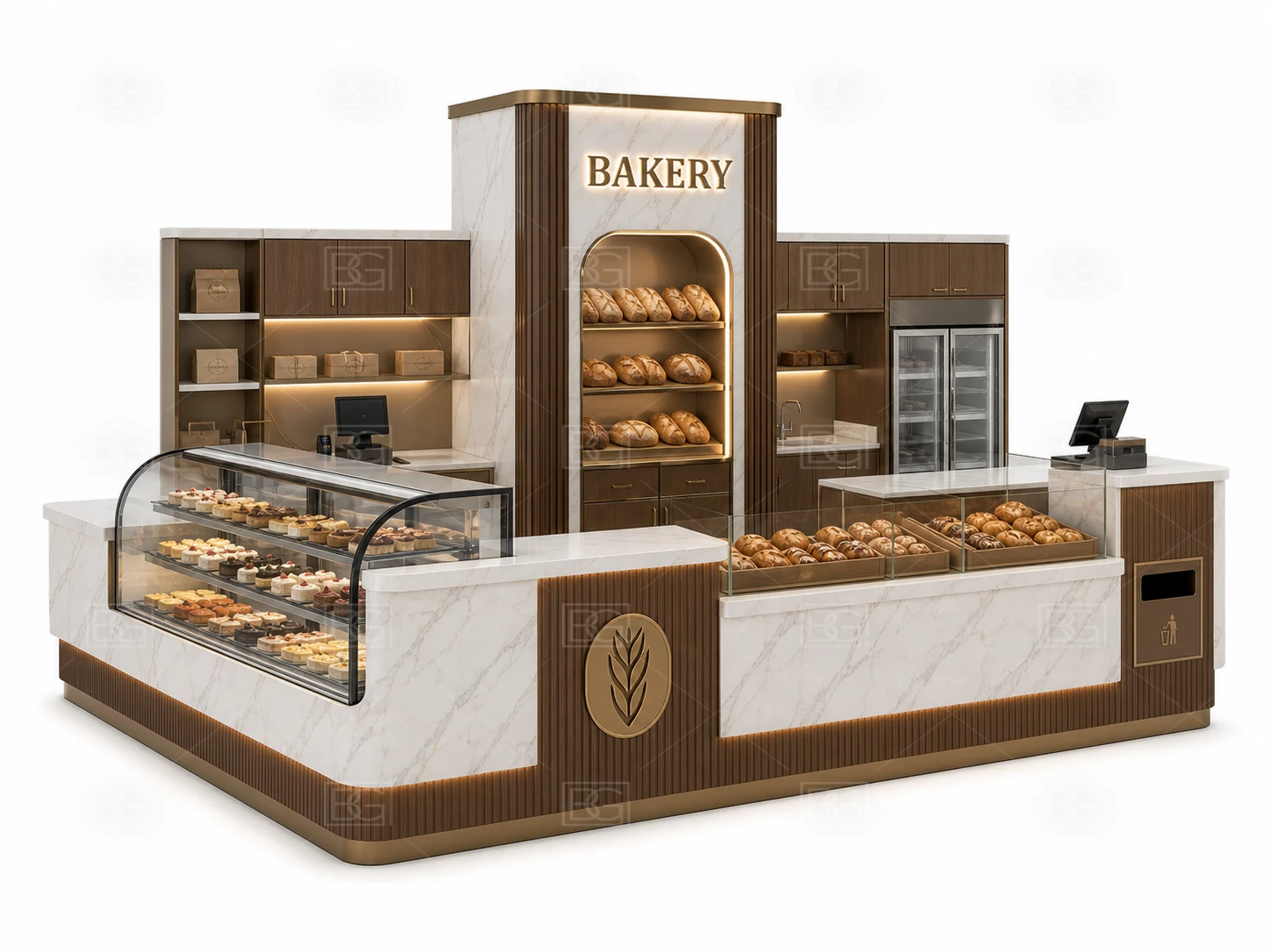 White Marble & Bronze Bakery Kiosk for Sale with Curved Marble Display Counters - view 01