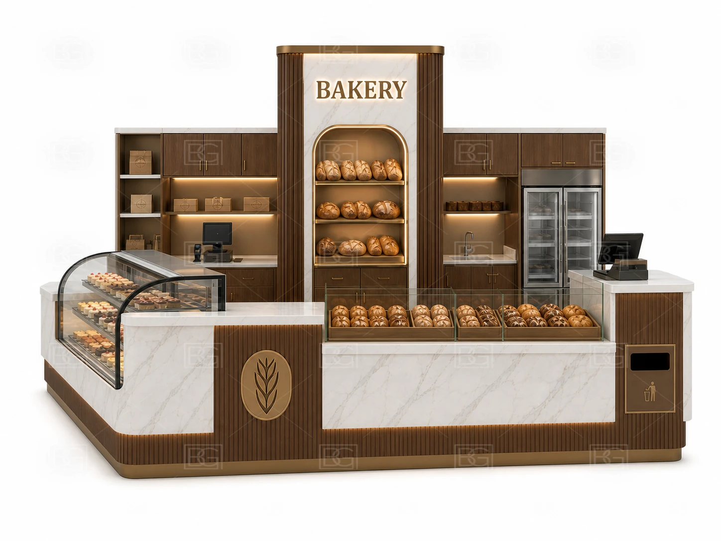 White Marble & Bronze Bakery Kiosk for Sale with Curved Marble Display Counters - view 02