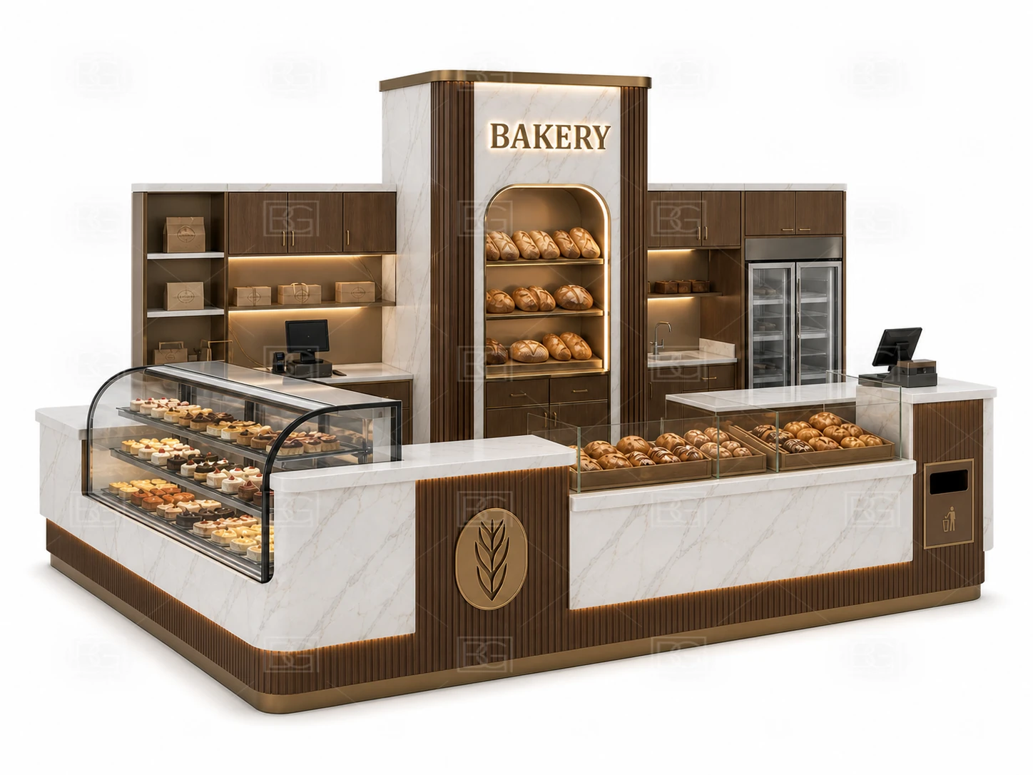 White Marble & Bronze Bakery Kiosk for Sale with Curved Marble Display Counters - view 03
