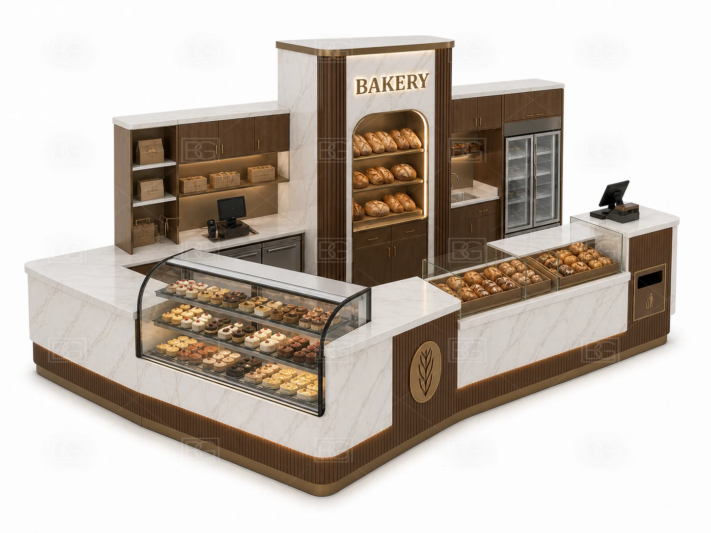 White Marble & Bronze Bakery Kiosk for Sale with Curved Marble Display Counters - view 04