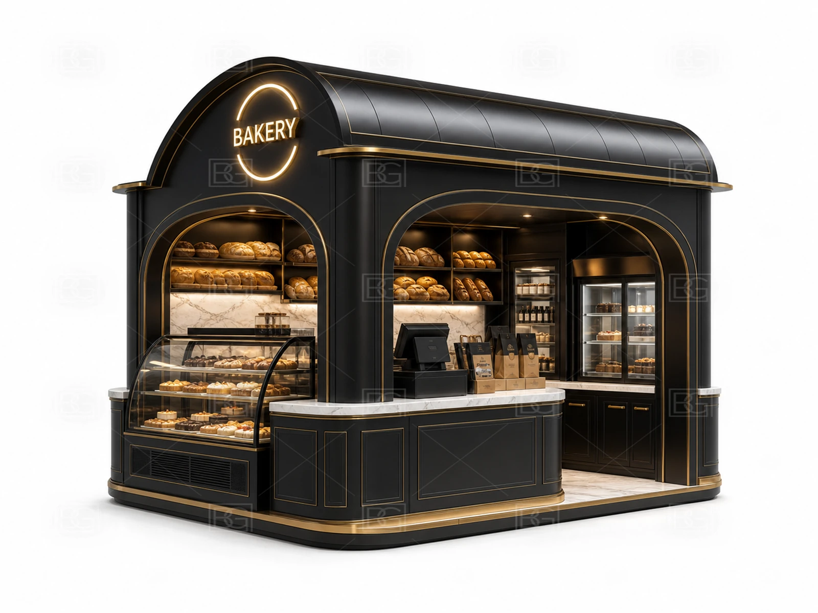 Wholesale Bread Kiosk with Black & Brass Parisian Finish & Brass-Trimmed Display Counters - view 01
