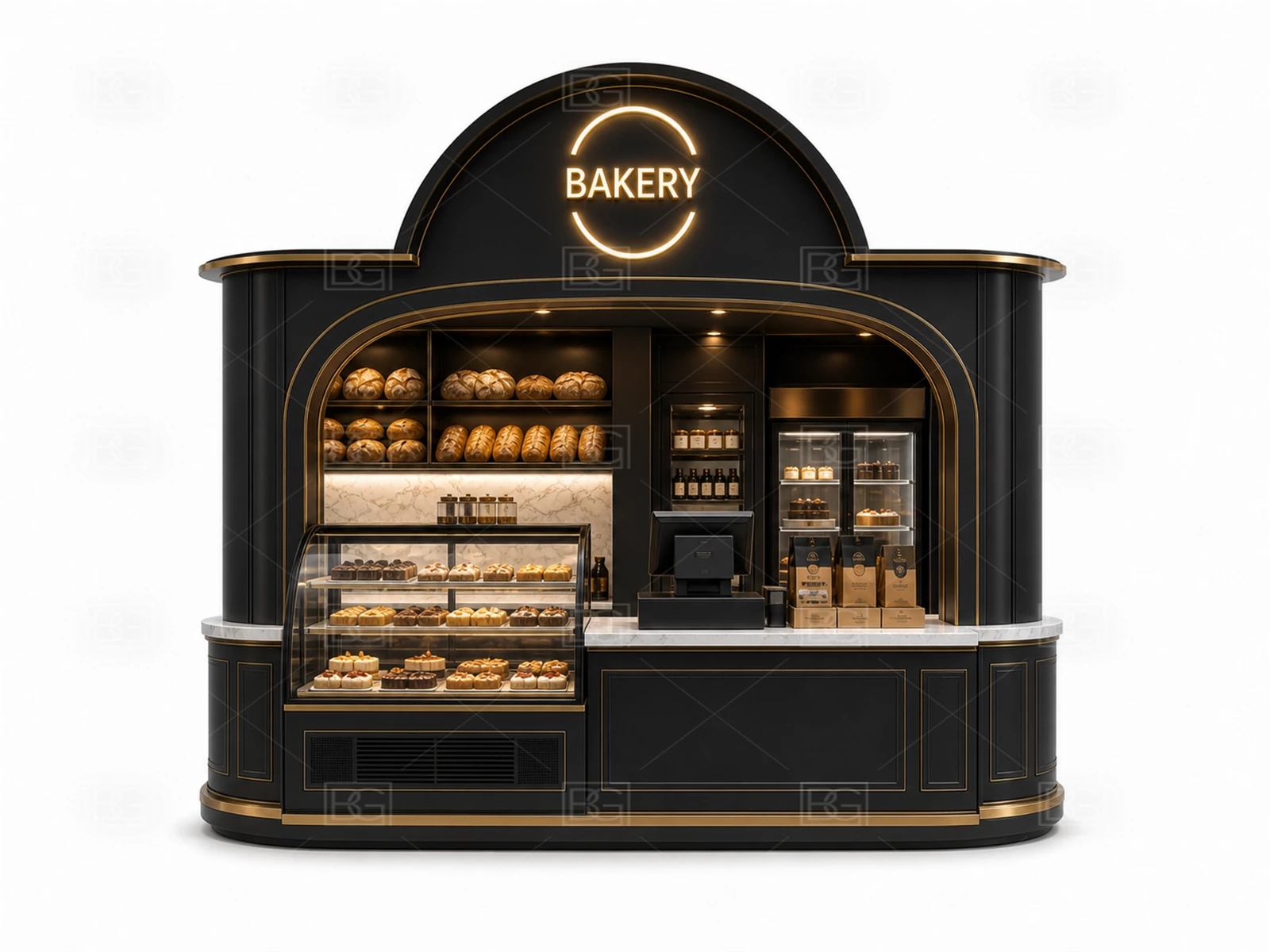 Wholesale Bread Kiosk with Black & Brass Parisian Finish & Brass-Trimmed Display Counters - view 02
