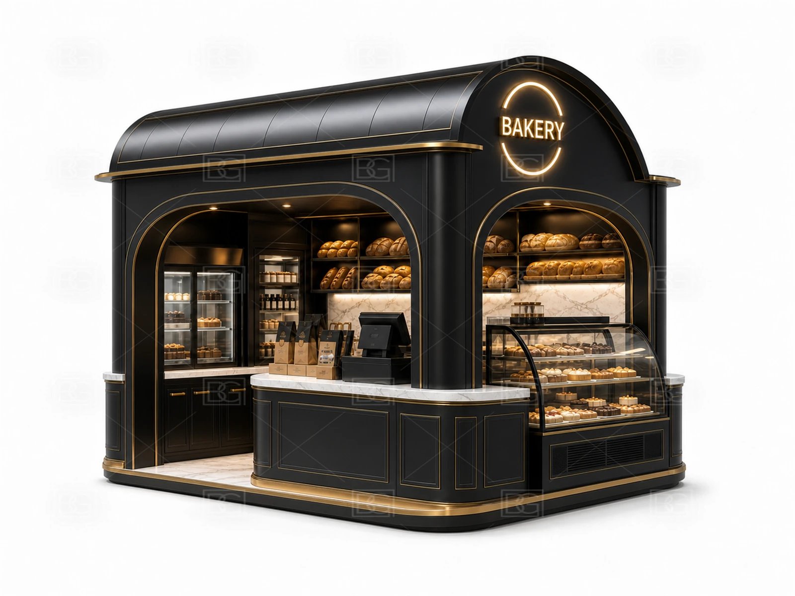 Wholesale Bread Kiosk with Black & Brass Parisian Finish & Brass-Trimmed Display Counters - view 03