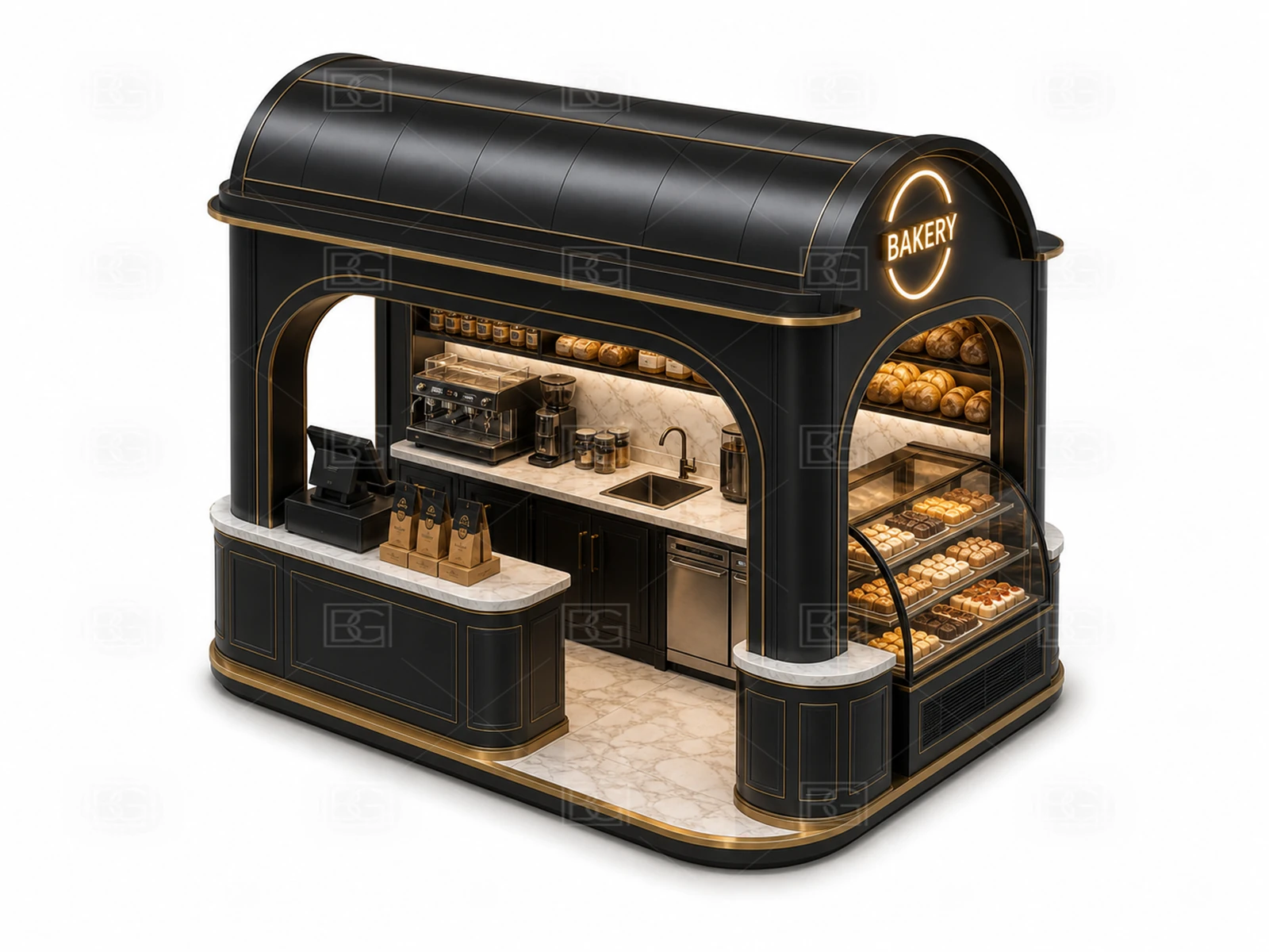 Wholesale Bread Kiosk with Black & Brass Parisian Finish & Brass-Trimmed Display Counters - view 04