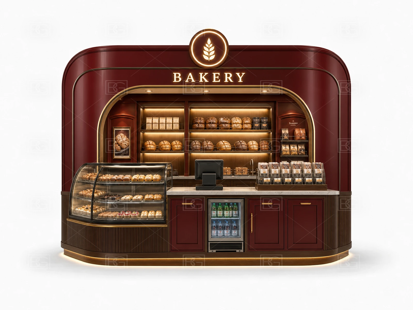 Wholesale Bread Kiosk with Burgundy & Walnut Finish & Open-Corner Service Layout - view 02