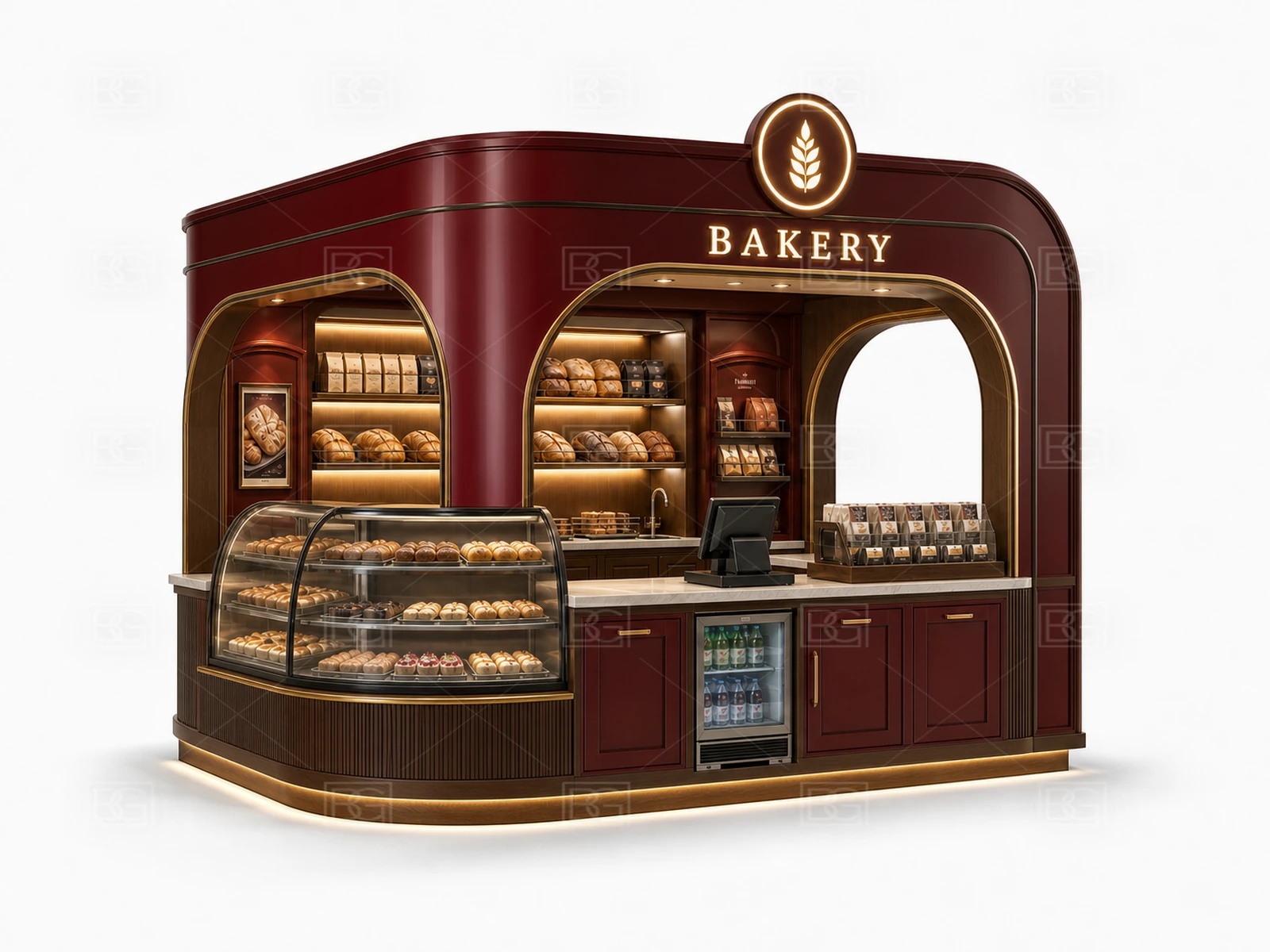 Wholesale Bread Kiosk with Burgundy & Walnut Finish & Open-Corner Service Layout - view 03
