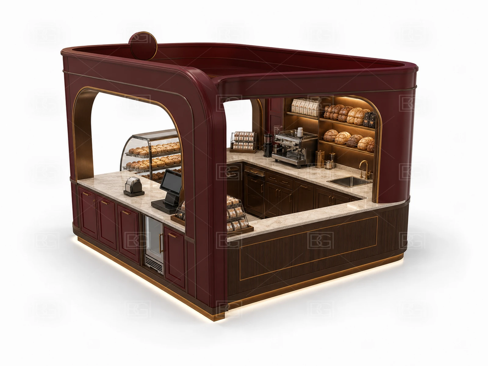 Wholesale Bread Kiosk with Burgundy & Walnut Finish & Open-Corner Service Layout - view 04