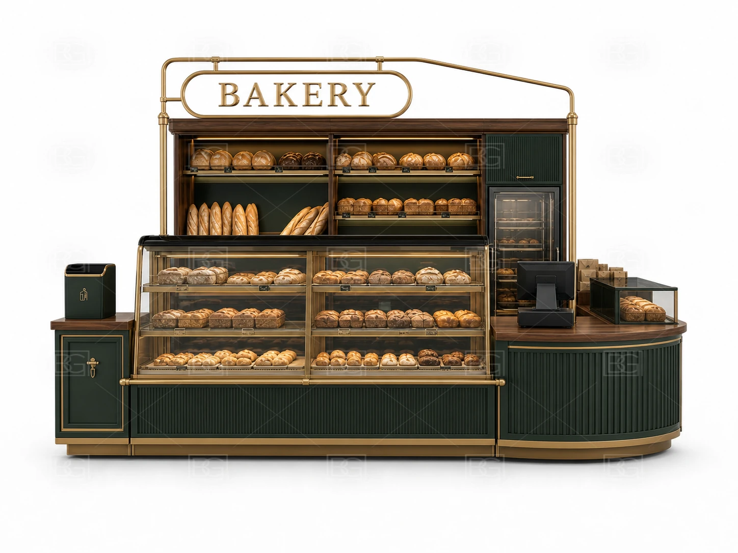 Wholesale Bread Kiosk with Emerald Green & Walnut Finish & Stepped Bread Display Counters - view 02