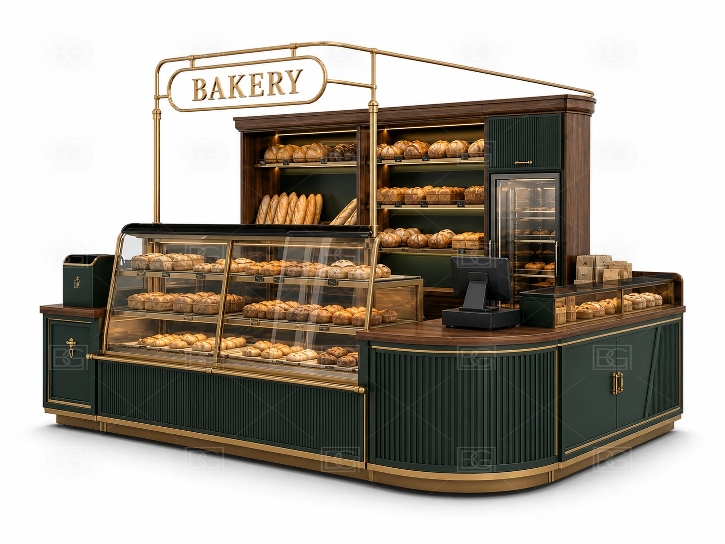 Wholesale Bread Kiosk with Emerald Green & Walnut Finish & Stepped Bread Display Counters - view 03
