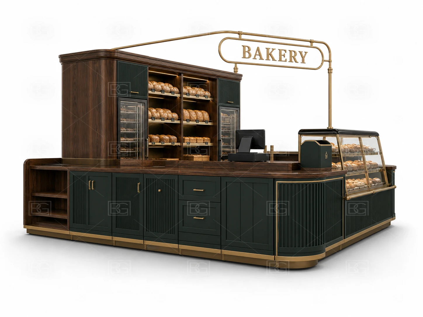 Wholesale Bread Kiosk with Emerald Green & Walnut Finish & Stepped Bread Display Counters - view 04