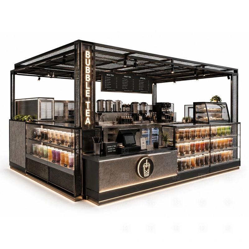 Black Bubble Tea Kiosk Design and Manufacturing with dark brand styling, illuminated signage, beverage preparation, and factory-controlled production shown in the black bubble tea kiosk design and manufacturing product photos for bubble tea and cold beverage retail