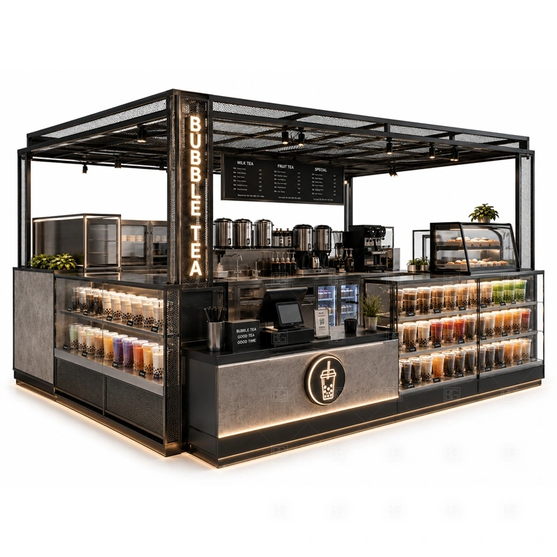Black Bubble Tea Kiosk Design and Manufacturing layout showing drink-service counter planning shown in the black bubble tea kiosk design and manufacturing product photos, with food court traffic where order, payment, and pickup need a clean sequence