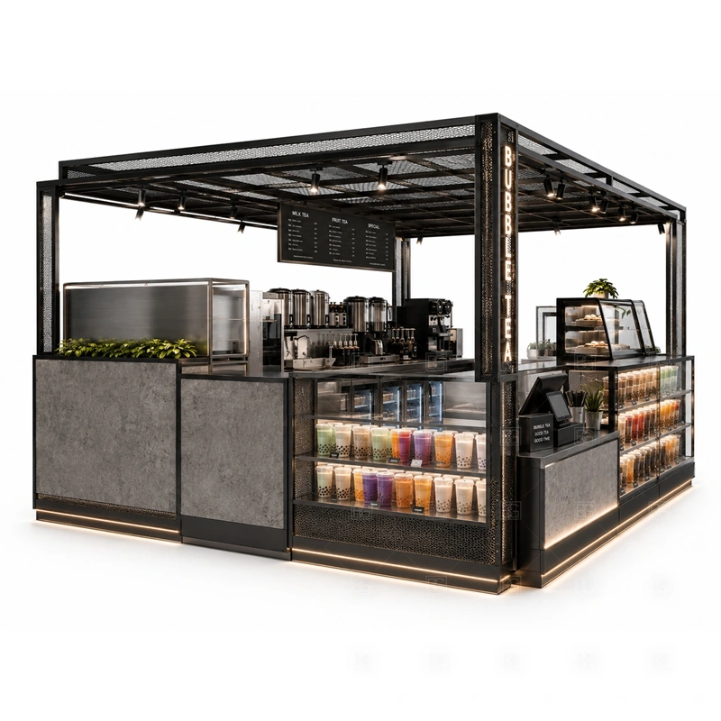 Black Bubble Tea Kiosk Design and Manufacturing display detail for menu board, cup display, topping counter, pickup area, syrup or ingredient zones, and customer-facing panels planned for black bubble tea kiosk design and manufacturing
