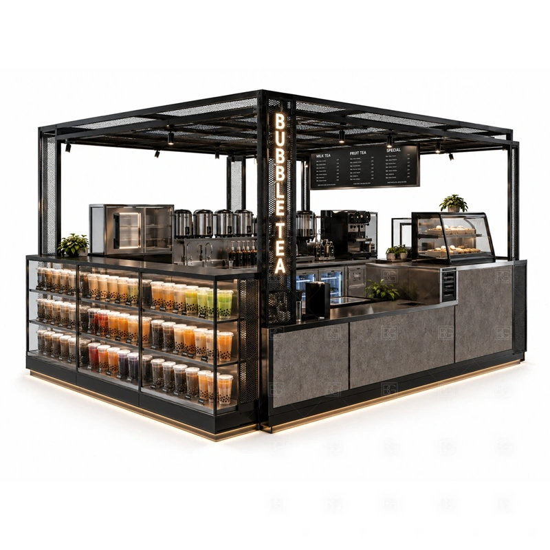 Black Bubble Tea Kiosk Design and Manufacturing branding detail for logo panels, menu graphics, front brand panels, side signs, and drink-category visuals coordinated for black bubble tea kiosk design and manufacturing