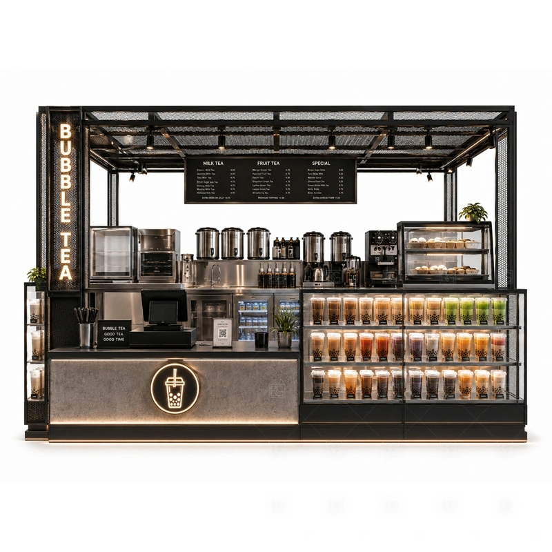Black Bubble Tea Kiosk Design and Manufacturing storage detail for cup storage, topping storage, under-counter fridge space, syrup shelves, packaging drawers, and service supplies planned for black bubble tea kiosk design and manufacturing
