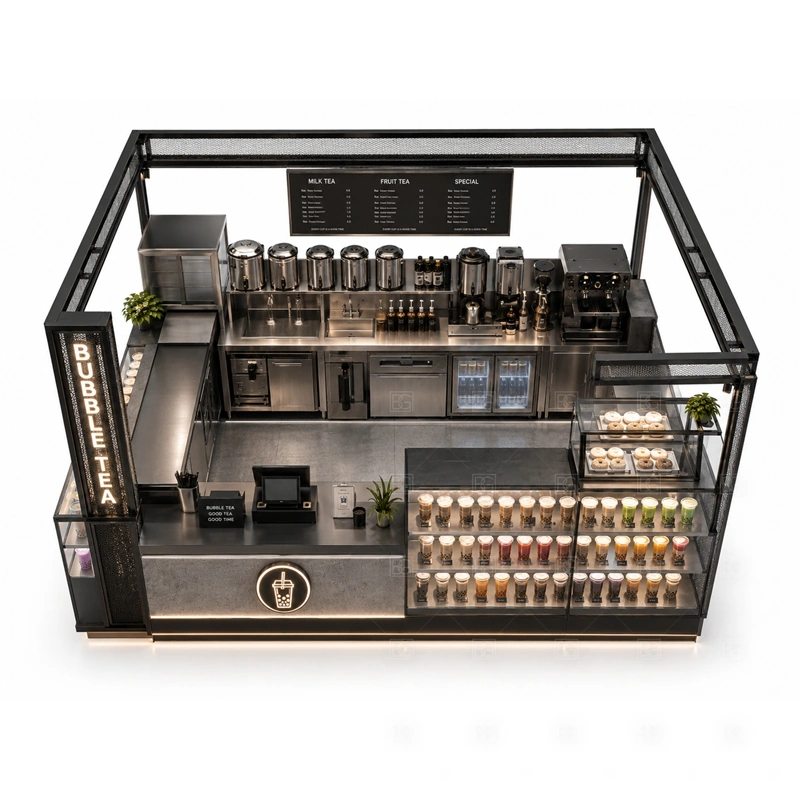 Black Bubble Tea Kiosk Design and Manufacturing buyer planning detail for Black Bubble Tea Kiosk Design and Manufacturing target size, sealer dimensions, tea brewer position, topping counter size, fridge size, sink requirement, menu board size, destination country