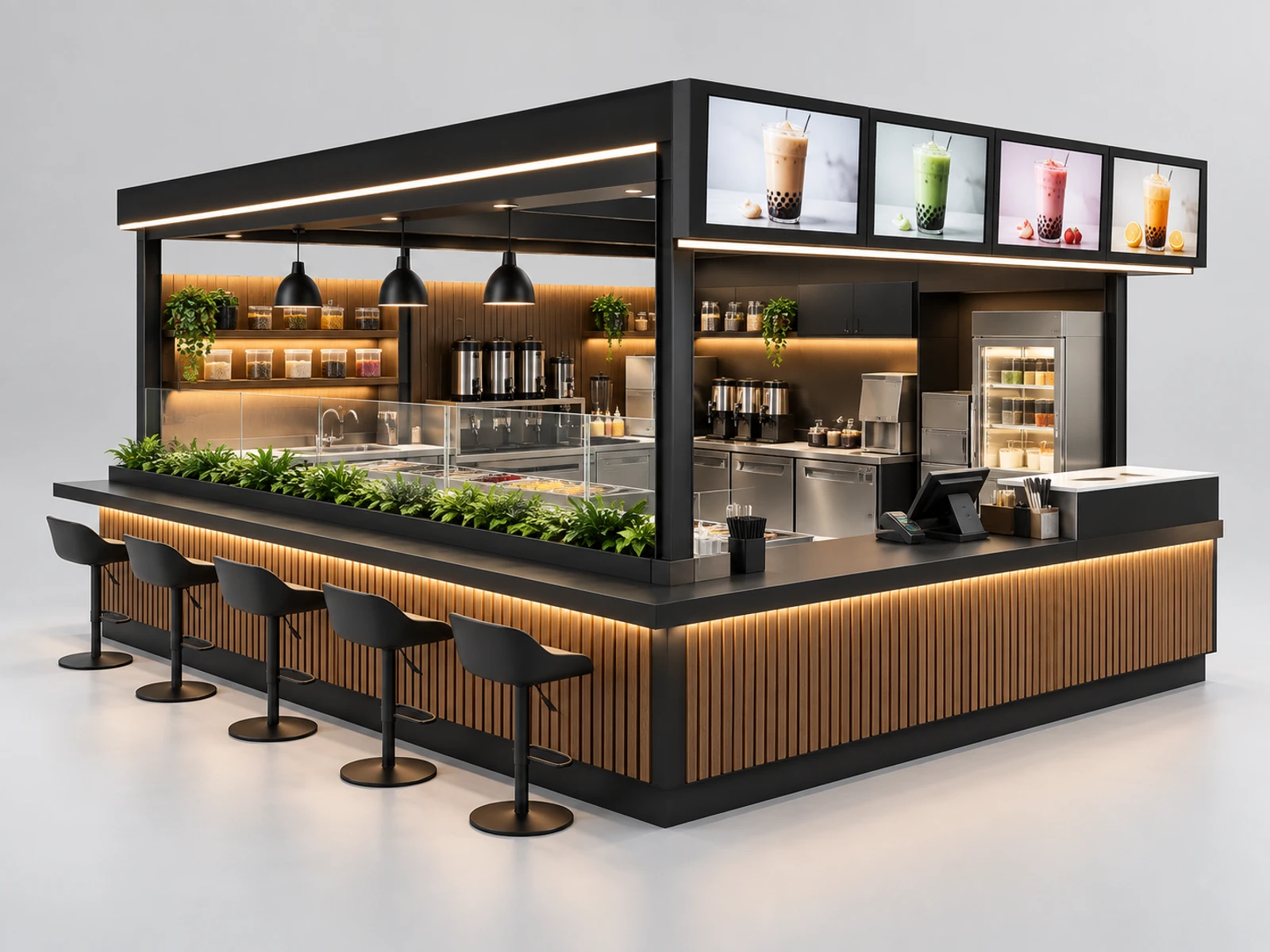 Black Steel Boba Kiosk with Digital Menu Frames main three-quarter product view