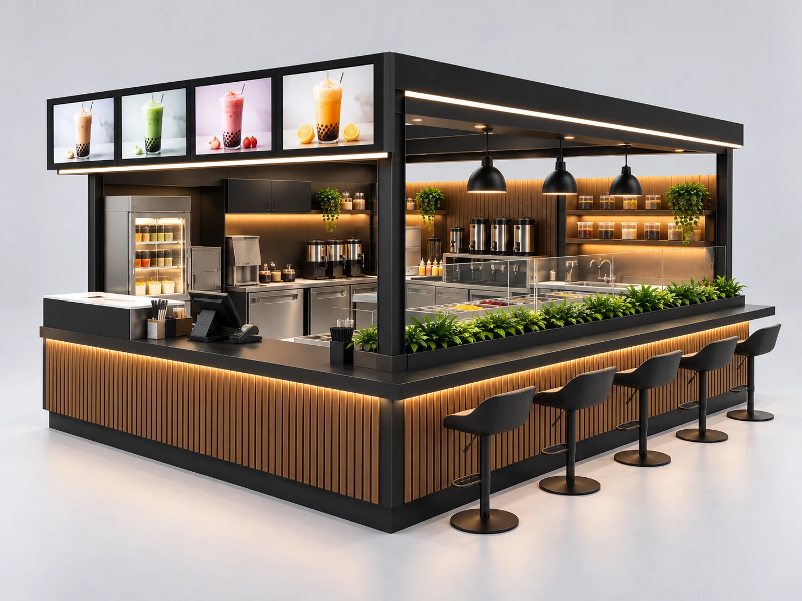 Black Steel Boba Kiosk with Digital Menu Frames opposite angle showing the complete layout