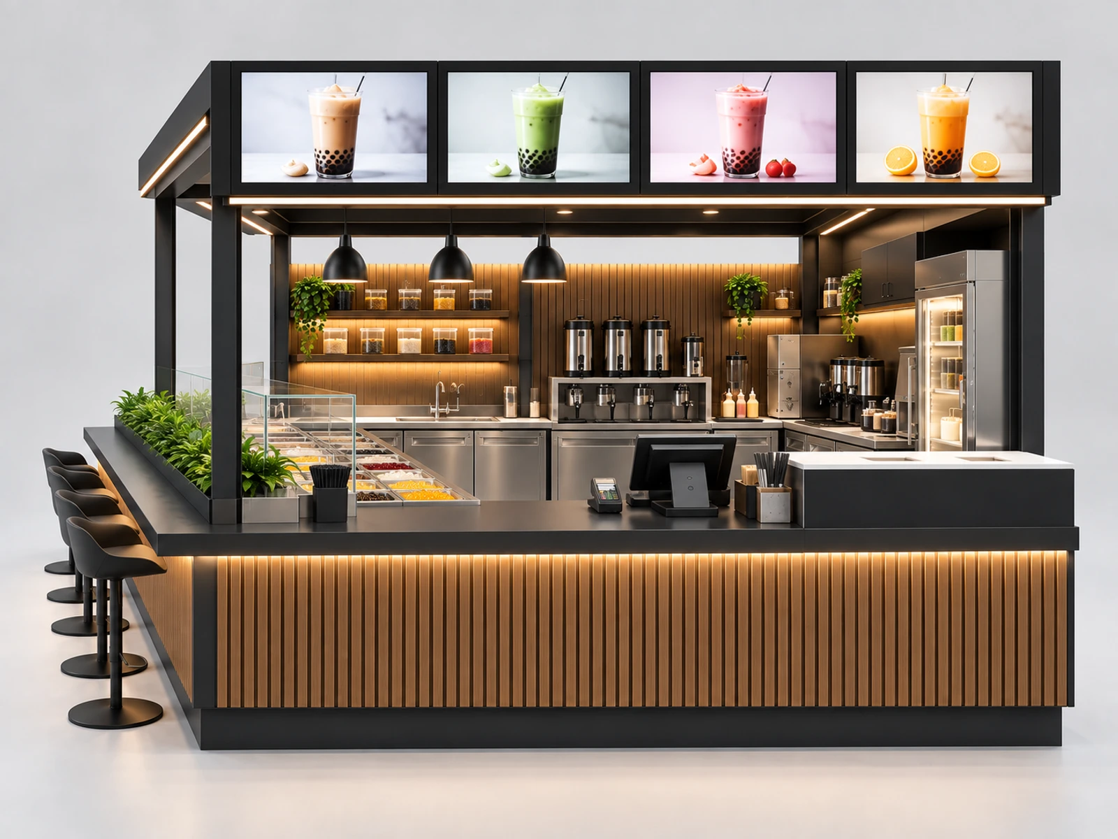 Black Steel Boba Kiosk with Digital Menu Frames customer-facing service and display detail