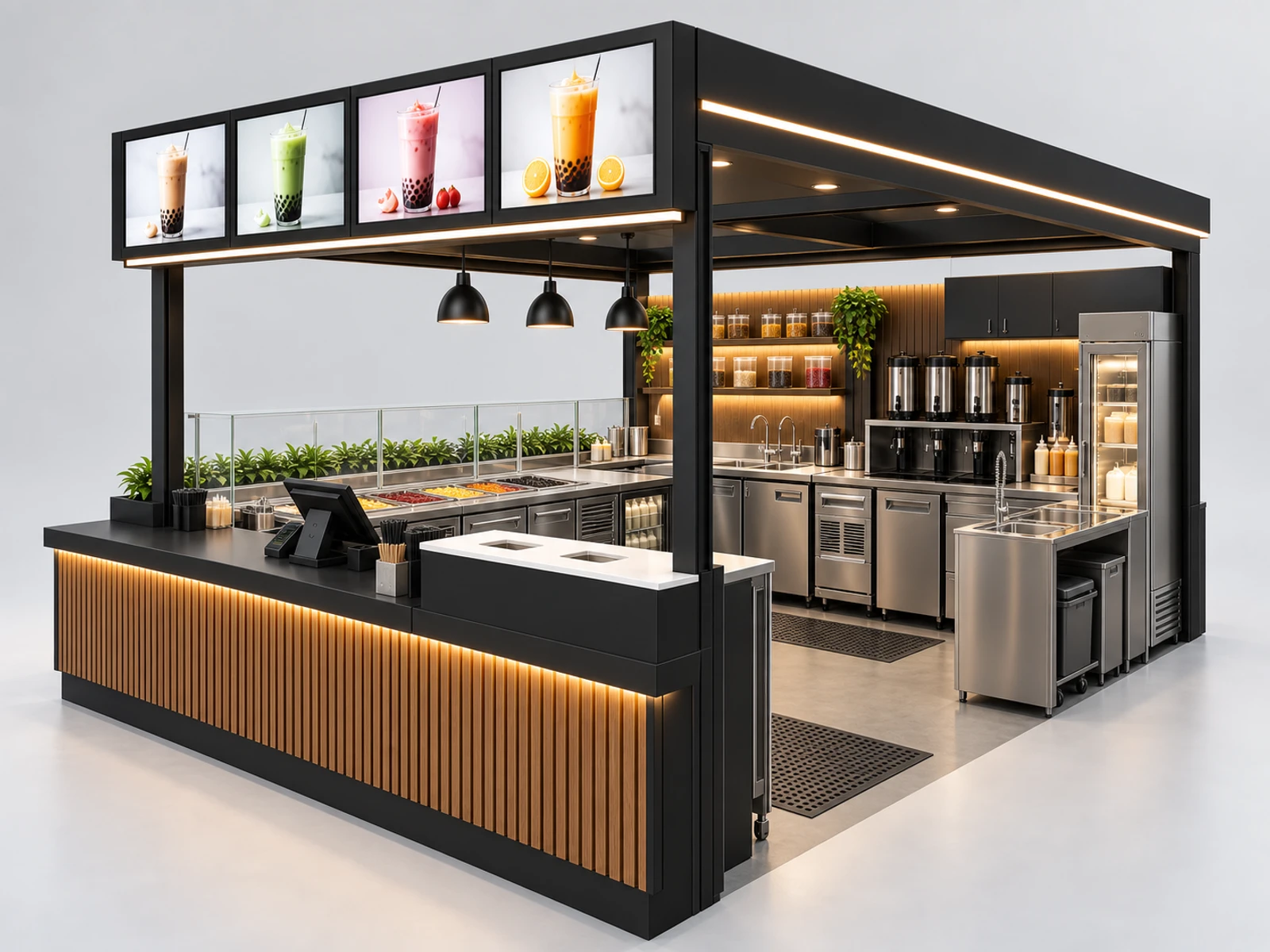 Black Steel Boba Kiosk with Digital Menu Frames staff-side equipment, utilities, and storage view
