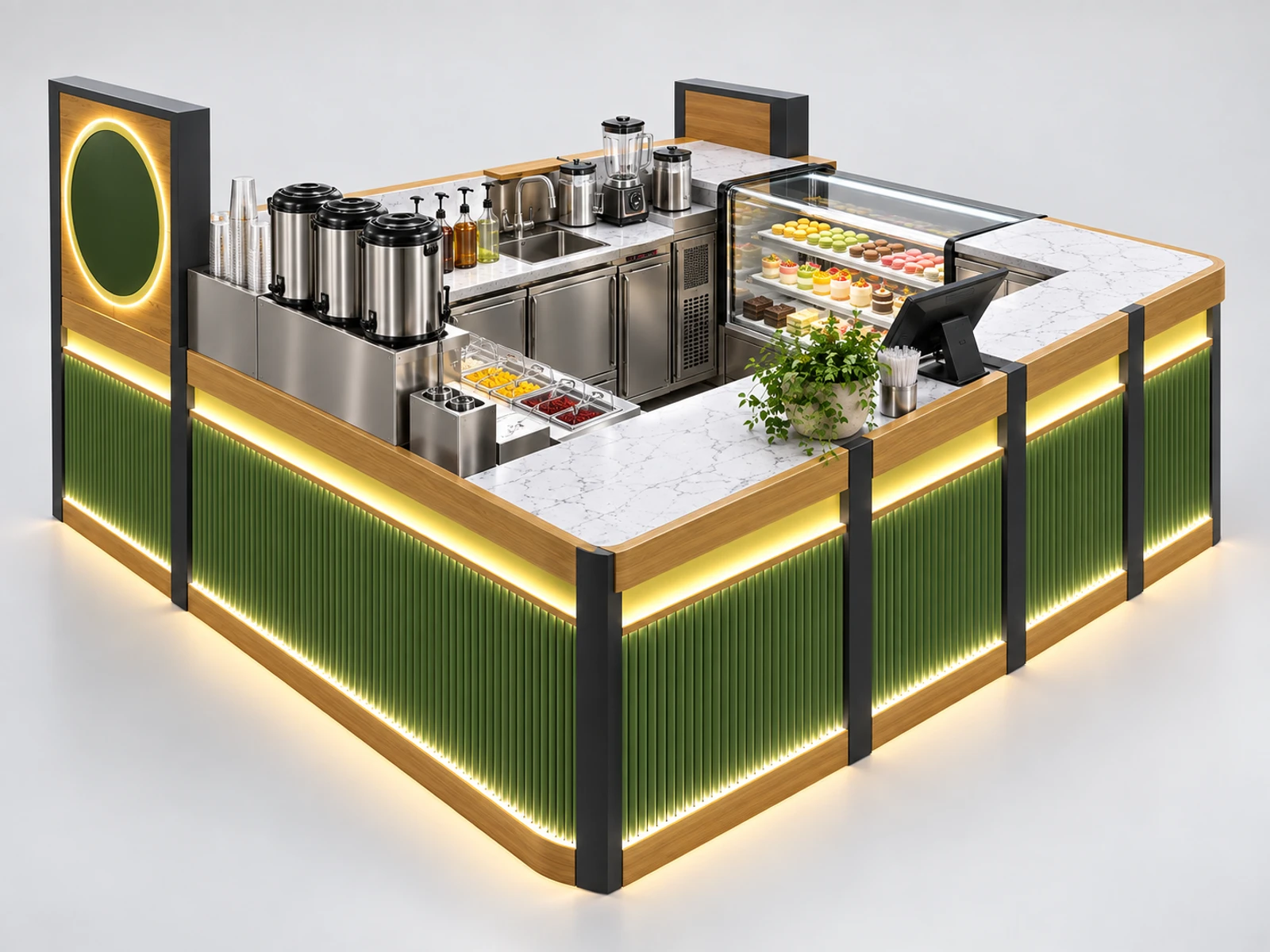 Bubble Tea and Dessert Kiosk with Chilled Showcase opposite angle showing the complete layout
