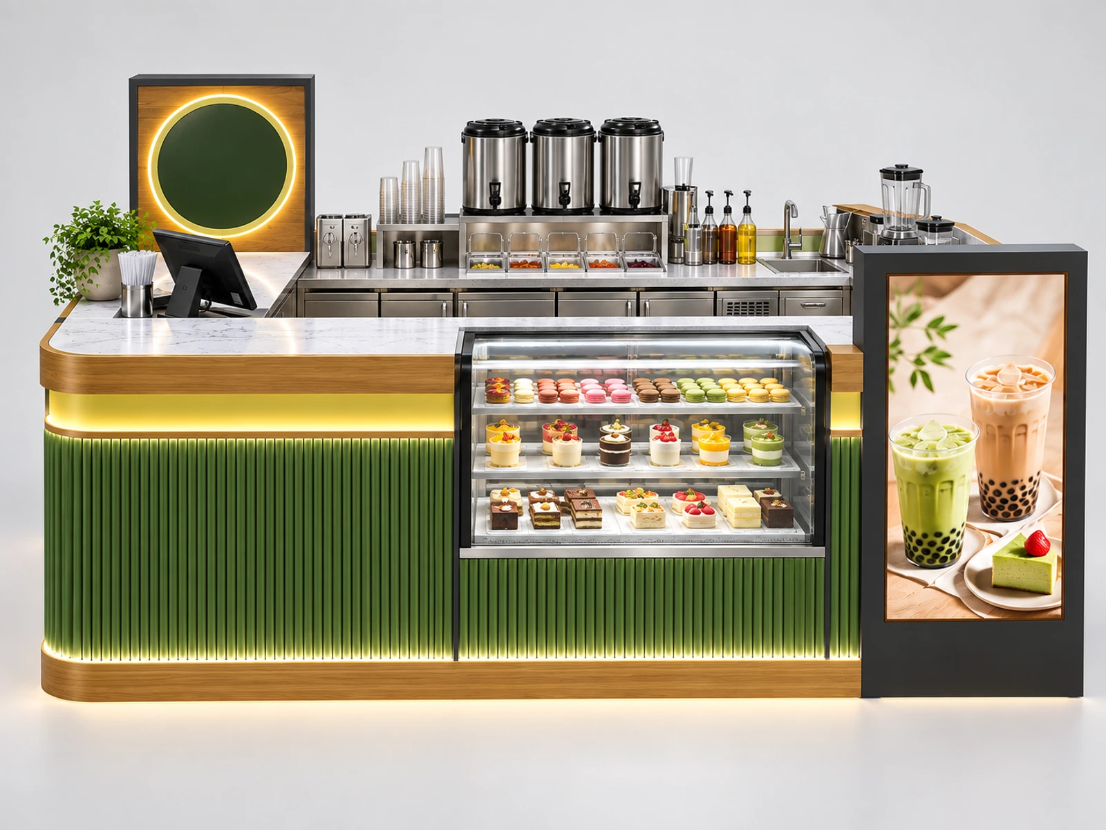 Bubble Tea and Dessert Kiosk with Chilled Showcase customer-facing service and display detail