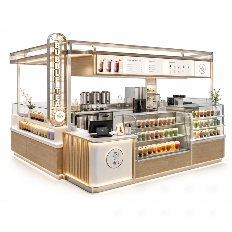 Bubble Tea Bar Counter for Mall Business with bar counter service, mall beverage sales, topping display, cashier flow, and customer pickup shown in the bubble tea bar counter for mall business product photos for bubble tea and cold beverage retail