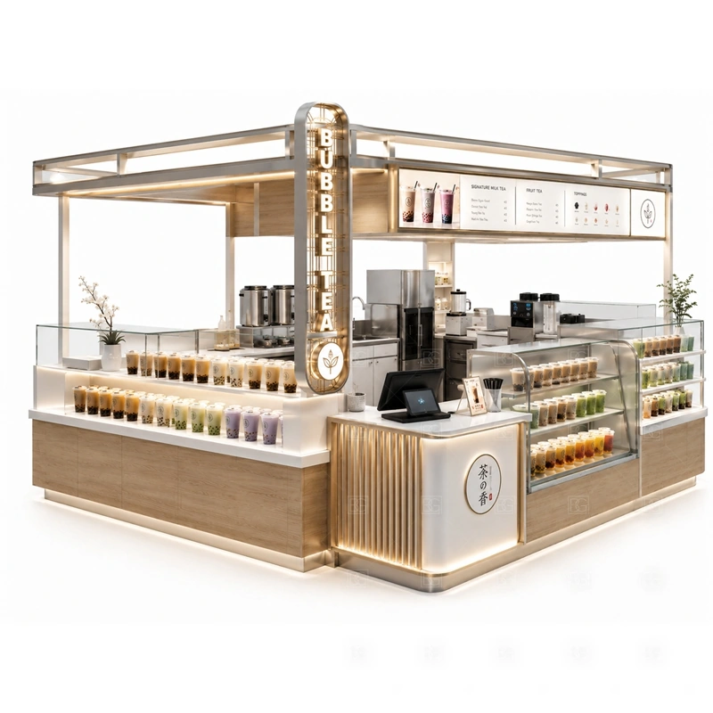 Bubble Tea Bar Counter for Mall Business display detail for menu board, cup display, topping counter, pickup area, syrup or ingredient zones, and customer-facing panels planned for bubble tea bar counter for mall business
