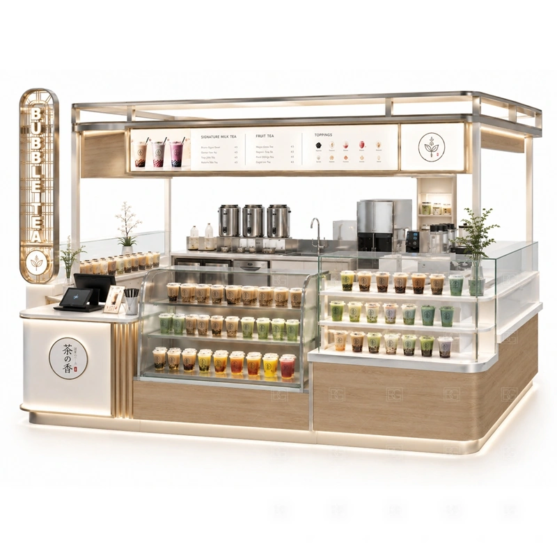 Bubble Tea Bar Counter for Mall Business branding detail for logo panels, menu graphics, front brand panels, side signs, and drink-category visuals coordinated for bubble tea bar counter for mall business