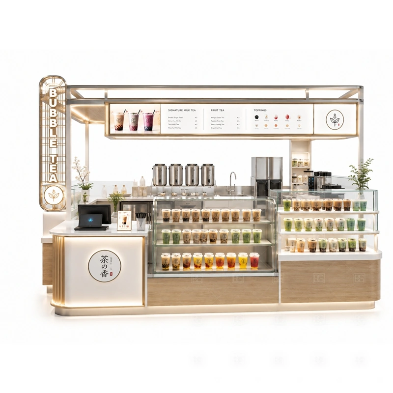 Bubble Tea Bar Counter for Mall Business storage detail for cup storage, topping storage, under-counter fridge space, syrup shelves, packaging drawers, and service supplies planned for bubble tea bar counter for mall business