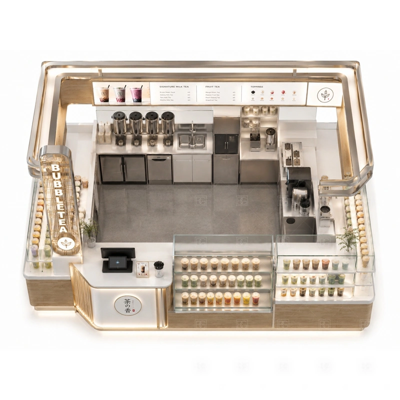 Bubble Tea Bar Counter for Mall Business buyer planning detail for Bubble Tea Bar Counter for Mall Business target size, sealer dimensions, tea brewer position, topping counter size, fridge size, sink requirement, menu board size, destination country
