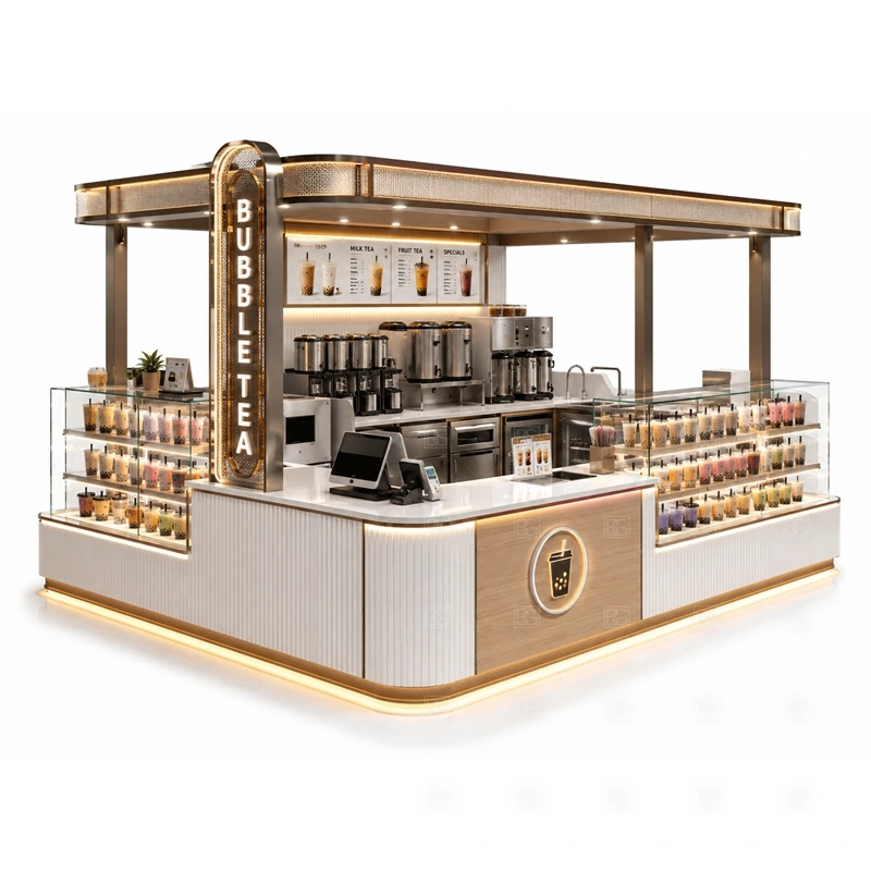 Bubble Tea Kiosk Manufacturer with factory-built cabinetry, beverage equipment placement, logo signage, and export packing shown in the bubble tea kiosk manufacturer product photos for bubble tea and cold beverage retail